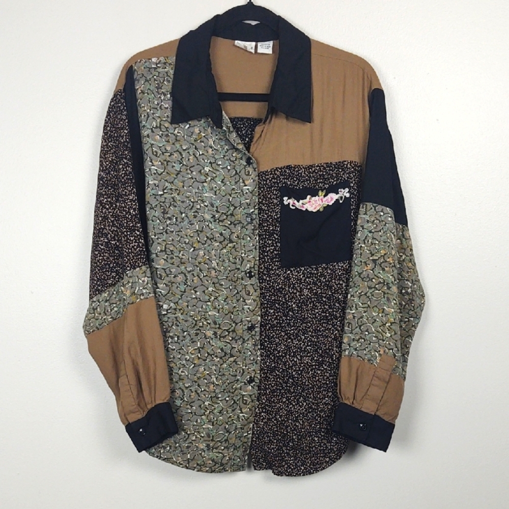 Vintage Leopard Patchwork Blouse Floral Print Pocket Together 3X 90s Boho